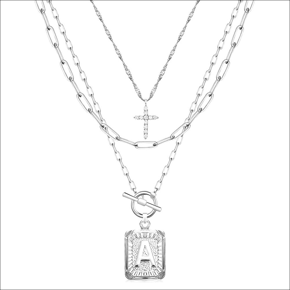 14K Gold Plated Layered Initial Necklace Set with Cross Pendant